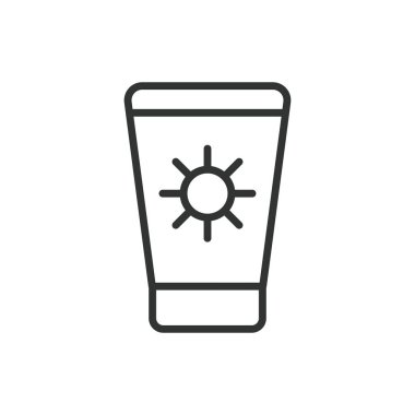 Güneş kremi, sıra dizaynında. Güneş kremi, güneş kremi, ultraviyole ışınları, güneş kremi, cilt kremi, beyaz arka plan vektöründe losyon. Güneş kremi vuruşu simgesi