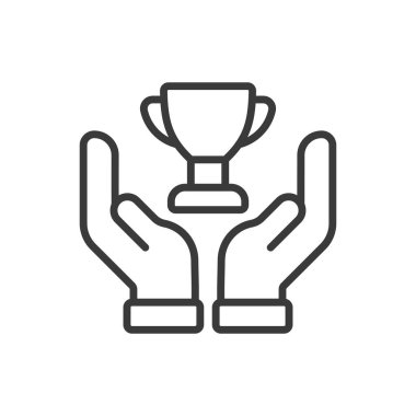 Kupa ellerinde, çizgi dizaynında, yeşil. Kupa, eller, zafer, başarı, başarı, kutlama, beyaz arka plan vektöründe kazanan. Ellerdeki zafer hatırası düzenlenebilir vuruş simgesi