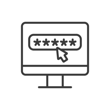 PC Parola, satır tasarımı. Şifre, güvenlik, kimlik doğrulama, giriş, koruma, erişim, beyaz arkaplan vektöründeki şifreleme. PC Parola değiştirilebilir vuruş simgesi