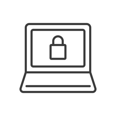 Kilitli dizüstü bilgisayar, sıra dizaynlı. Laptop, kilit, güvenlik, koruma, veri, gizlilik, beyaz arka plan vektörüne erişim. Kilitlenebilir vuruş simgesine sahip dizüstü bilgisayar