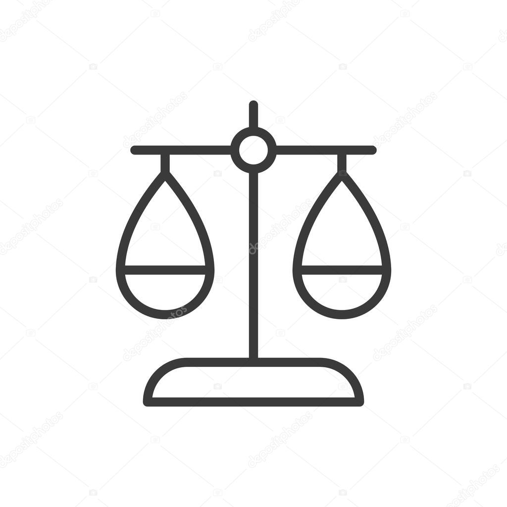 Law Balance Scale, in line design. Balance, scale, justice, law, equality, fairness, court on white background vector. Law Balance Scale editable stroke icon