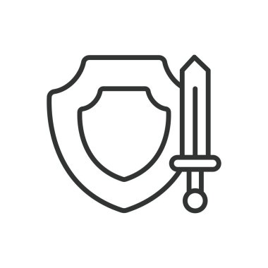 Kalkan ve kılıç, sıra dizaynında. Kalkan, kılıç, koruma, savunma, zırh, savaş, silah beyaz arka plan vektörü. Kalkan ve kılıç yenilebilir vuruş simgesi