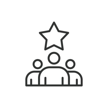 Takım gol ikonu çizgi tasarımında. Takım hedefi, işbirliği, hedef, başarı, başarı, vizyon, beyaz arka plan vektöründe motivasyon. Takım hedefi düzenlenebilir vuruş simgesi