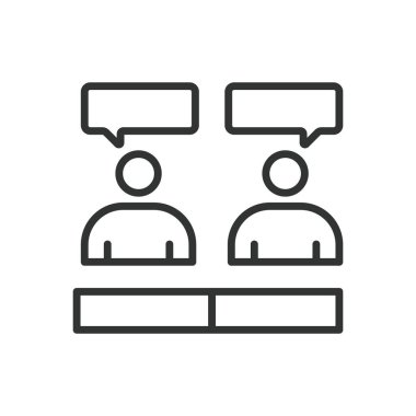 İstatistik tartışması, çizgi tasarımı ikonu. Tartışmalar, istatistikler, analizler, tartışmalar, görüşler, anketler, beyaz arka plan vektörüne katılım. Tartışmalı istatistiksel düzenlenebilir vuruş simgesi