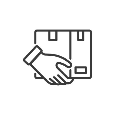 Kuryeyle teslimat, çizgi tasarımı ikonu. Teslimat, kurye, kargo, paket, paket, servis, beyaz arka plan vektörü üzerine lojistik. Kurye vuruşu simgesi ile teslimat