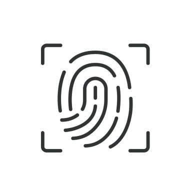 Parmak izi koruması, çizgi tasarımı ikonu. Parmak izi, koruma, güvenlik, biyometri, kimlik, tarama, beyaz arka plan vektöründe gizlilik. Parmak izi koruma düzenlenebilir vuruş simgesi