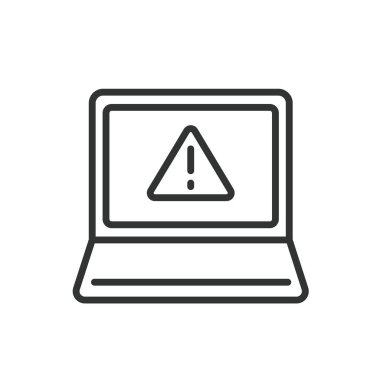 Dizüstü bilgisayar hataları, satır tasarımı simgesi. Laptop, hatalar, bilgisayar, problem, ekran, arıza, beyaz arkaplan vektörü uyarısı. Dizüstü bilgisayar hatası düzenlenebilir vuruş simgesi