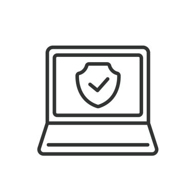 Güvenli dizüstü bilgisayar korunuyor, simge dizayn edildi. Güvenli, dizüstü bilgisayar, koruma, koruma, koruma, şifreleme, beyaz arka plan vektörü verileri. Güvenli dizüstü bilgisayar korumalı düzenlenebilir vuruş simgesi