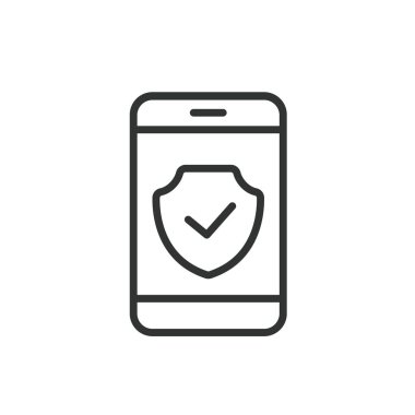Güvenli telefon koruması, satır dizaynı simgesi. Güvenlik, telefon, koruma, güvenlik, gizlilik, şifreleme, beyaz arka plan vektörü verileri. Güvenli telefon korumalı düzenlenebilir vuruş simgesi