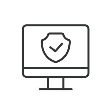 Güvenli bilgisayar koruması, satır tasarımı simgesi. Güvenli, PC, koruma, güvenlik, gizlilik, şifreleme, beyaz arka plan vektörü verileri. Güvenli bilgisayar korumalı düzenlenebilir vuruş simgesi