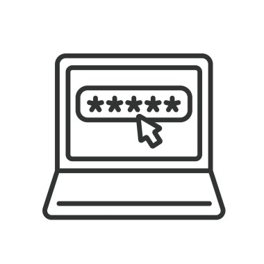 Dizüstü bilgisayarda şifre, satır dizaynında simge. Şifre, dizüstü bilgisayar, güvenlik, kilit, koruma, erişim, kimlik doğrulama. Dizüstü bilgisayarda düzenlenebilir vuruş simgesindeki parola