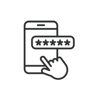 Telefondaki şifre, satır dizaynındaki simge. Şifre, telefon, güvenlik, erişim, koruma, kilit, kimlik doğrulama beyaz arka plan vektörü. Telefon değiştirilebilir vuruş simgesindeki parola