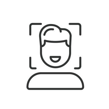 Male face detected, icon in line design. Male, face, detected, recognition, identification, detection, biometrics on white background vector. Male face detected editable stroke icon