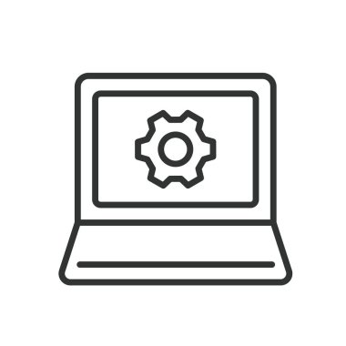 Dizüstü bilgisayar yapılandırması, satır tasarımı simgesi. Laptop, yapılandırma, ayarlar, kurulum, sistem, donanım, beyaz arkaplan vektörü üzerine yazılım. Dizüstü bilgisayar yapılandırması düzenlenebilir vuruş simgesi