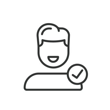 Hesap doğruladı, kadın, çizgi tasarımı ikonu. Hesap, doğrulama, kadın, doğrulama, kimlik, güvenlik, beyaz arka plan vektörü onayı. Hesap, kadınların düzenlenebilir vuruş simgesini doğruladı