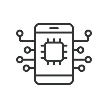 Telefon işlemci çipi, satır tasarımı simgesi. Telefon, işlemci, çip, teknoloji, mobil, devre, donanım beyaz arka plan vektöründe. Telefon işlemcisi çipi düzenlenebilir vuruş simgesi