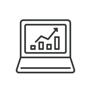 Dizüstü bilgisayarın grafiğini çiz, çizgi tasarımı simgesi. Grafik, dizüstü bilgisayar, veri, analiz, teknoloji, iş, beyaz arka plan vektöründeki büyüme. Grafik, düzenlenebilir bir dizüstü vuruş simgesi