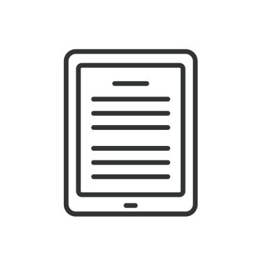 E-kitap okuyucu, satır tasarımı ikonu. E-kitaplar, okuyucu, aygıt, dijital, kitaplar, okuma, beyaz arka plan vektörü üzerinde taşınabilir. E-kitap okuyucu düzenlenebilir vuruş simgesi