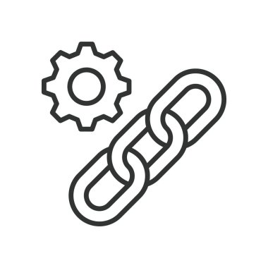 Tedarik zinciri yönetimi, satır tasarımı simgesi. Tedarik, zincir, yönetim, lojistik, envanter, dağıtım, beyaz arka plan vektörü üzerinde ulaşım. Tedarik zinciri yönetimi düzenlenebilir vuruş simgesi