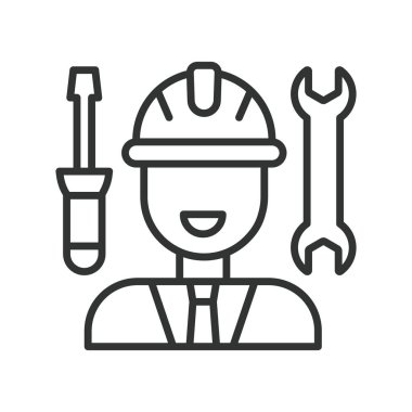 Ağır Santral Mühendisleri, çizgi tasarımı ikonu. Ağır, fabrika, makine, bakım, ekipman, beyaz arka plan vektörü endüstriyel. Ağır Bitki Mühendisleri düzenlenebilir vuruş simgesi