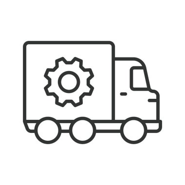 Filo yönetimi lojistiği, çizgi tasarımı ikonu. Filo, yönetim, lojistik, ulaşım, araç, izleme, beyaz arka plan vektörüyle teslimat. Filo yönetimi lojistik düzenlenebilir vuruş simgesi