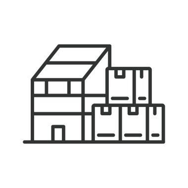 Ambalaj Fabrikası, çizgi tasarımı ikonu. Paketleme, fabrika, üretim, otomasyon, makineler, montaj, endüstriyel beyaz arka plan vektörü. Paketleme Fabrikası düzenlenebilir vuruş simgesi