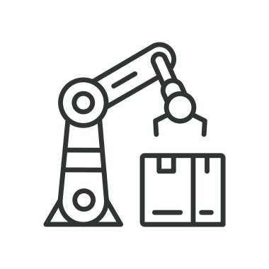 Robot Arm Depo Otomasyonu, çizgi tasarımı ikonu. Robot, kol, otomasyon, depo, teknoloji, endüstri, beyaz arka plan vektörlü makine. Robot Arm Deposu Otomatik Odaklama Düzenlenebilir Vuruş simgesi