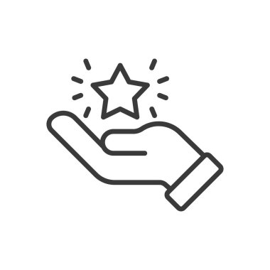 Shining star on a hand, icon in line design. Star, hand, shining, success, achievement, hope, aspiration on white background vector. Shining star on a hand editable stroke icon clipart