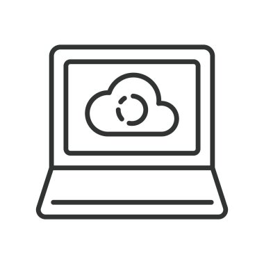 Dizüstü bilgisayarda bulut depolama, çizgi dizaynı simgesi. Bulut, depolama, dizüstü bilgisayar, çevrimiçi, yedekleme, veri, beyaz arkaplan vektörü eşzamanlama. Dizüstü bilgisayar üzerinde bulut depolama düzenlenebilir vuruş simgesi