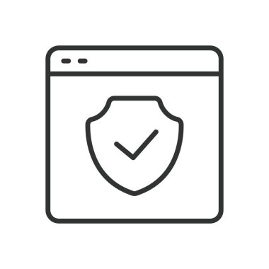 Bir web sayfasında kalkan, satır tasarımı simgesi. Kalkan, koruma, güvenlik, savunma, ikon, güvenlik, beyaz arka plan vektöründe güvenlik ağı. Bir web sayfası düzenlenebilir vuruş simgesinde kalkan