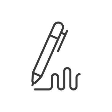 Kalem imzası, satır tasarımı simgesi. Kalem, imza, belge, anlaşma, yazar, yasal, beyaz arka plan vektörünü imzala. Kalem imzası düzenlenebilir vuruş simgesi