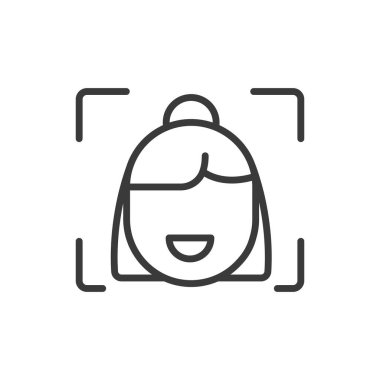 Kadın yüzü kimliği, satır dizaynı simgesi. Kadın, yüz, kimlik, tanımlama, biyometrik, teknoloji, beyaz arka plan vektörü doğrulaması. Kadın yüzü tanımlanabilir vuruş simgesi