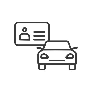 Ehliyet, satır tasarımı simgesi. Sürücü, ehliyet, kimlik, kart, fotoğraf, kimlik, beyaz arka plandaki araç. Sürücü ehliyeti düzenlenebilir vuruş simgesi