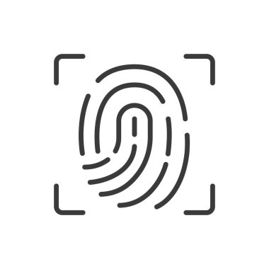 Parmak izi odağı, satır tasarımı simgesi. Parmak izi, odak, tanıma, berraklık, biyometrik, tanımlama, beyaz arkaplan vektörünü tara. Parmak izi odak noktası düzenlenebilir vuruş simgesi