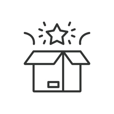 Kutu sürpriz olarak ortaya çıktı, satır dizaynında bir simge. Kutu, sürpriz, pop, hediye, açık, heyecan, beyaz arka plan vektörü tepkisi. Kutu ortaya çıktı sürpriz düzenlenebilir vuruş simgesi