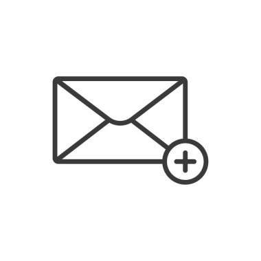 Satır dizaynında e- posta, simge ekle. Beyaz arkaplan vektörü üzerinde oluşturun, ekleyin, e- posta, yeni, ileti, komut, taslak. E- posta düzenlenebilir vuruş simgesi oluştur