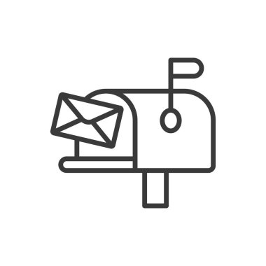 Posta kutusunda harf, satır dizaynında simge. Posta kutusu, mektup, posta, zarf, gönderme, iletişim, gelen kutusu beyaz arka plan vektörü. Harf değiştirilebilir vuruş simgesine sahip posta kutusu