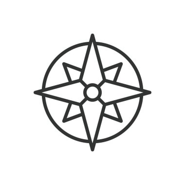 Rüzgar gül, çizgi tasarımı simgesi. Rüzgar, gül, pusula, yön, yön, kuzey, güney beyaz arka plan vektörü. Rüzgar gülü, düzenlenebilir vuruş simgesi