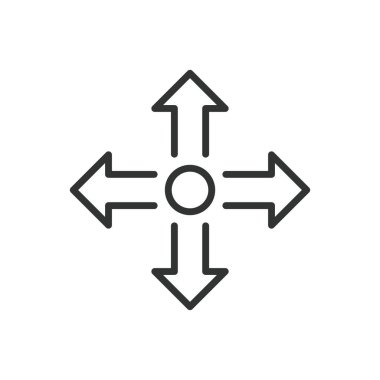 Dörtlü, çizgi tasarımı ikonu. Dört yol, yön, yol, kesişme, seçim, yol beyaz arka plan vektörü. Dört yönlü düzenlenebilir vuruş simgesi