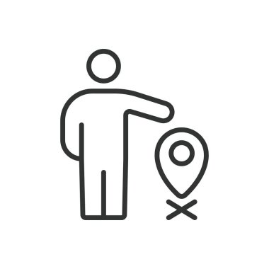 Yanlış konum, satır tasarımı simgesi. Yanlış, konum, hata, yanlış yer, koordinatlar, GPS, beyaz arka plan vektöründe hata. Yanlış konum düzenlenebilir vuruş simgesi