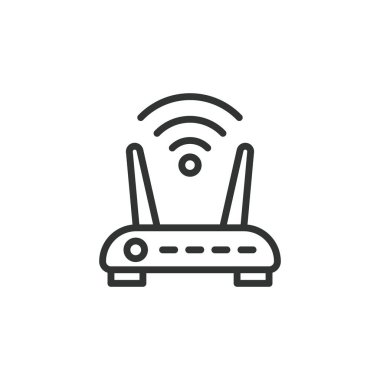Wi-Fi router 2 antenler, satır tasarımı simgesi. Wi-Fi, router, antenler, ağ, internet, sinyal, kablosuz beyaz arka plan vektörü. Wi-Fi yönlendirici 2 anten düzenlenebilir vuruş simgesi