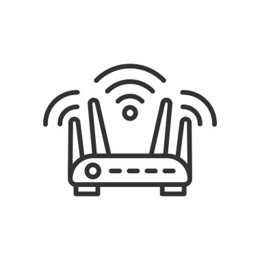Kablosuz ağ yönlendirici 4 anten, satır dizaynı simgesi. Wi-Fi, router, anten, dört, sinyal, internet, kablosuz beyaz arka plan vektörü. Wi-Fi yönlendirici 4 düzenlenebilir vuruş simgesi