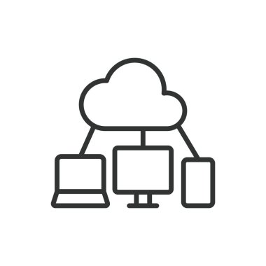 Aygıtlar için bulut depolama, satır tasarımı simgesi. Bulut, depolama, cihazlar, senkronizasyon, veri, yedekleme, beyaz arkaplan vektörü dosyası. Düzenlenebilir vuruş simgesi için bulut depolama