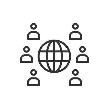 Dünya insanları, çizgi tasarımı ikonu. Dünya, insanlar, küresel, insan, çeşitlilik, uluslararası, beyaz arka plan vektörü üzerinde nüfus. Dünya insanları düzenlenebilir vuruş simgesi