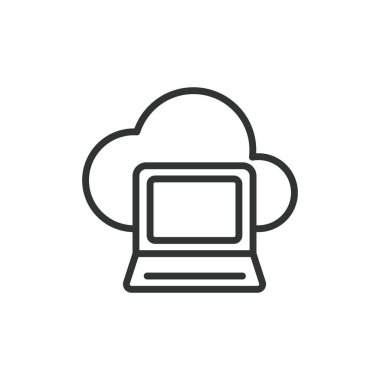 Bulut dizüstü, çizgi tasarımı ikonu. Bulut, laptop, bilgisayar, aygıt, depolama, teknoloji, internet beyaz arka plan vektörü. Bulut dizüstü bilgisayarı değiştirilebilir vuruş simgesi