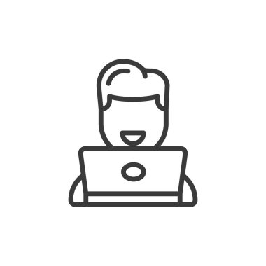 Çevrimiçi alıcı, tasarım ikonu. Çevrimiçi, alıcı, adam, alışveriş, ecommerce, alım, müşteri beyaz arka plan vektörü. Çevrimiçi alıcı adam düzenlenebilir vuruş simgesi