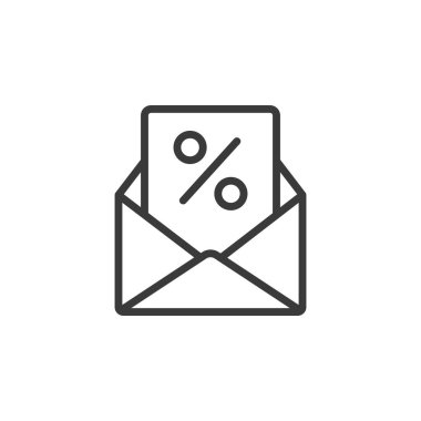 İndirimli posta, satır tasarımı simgesi. İndirim, posta, e-posta, promosyon, teklif, satış, tasarruf beyaz arka plan vektörü. İndirimli e- posta düzenlenebilir vuruş simgesi