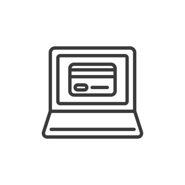Dizüstü bilgisayarda kredi kartı, satır dizaynında simge. Kredi, kart, dizüstü bilgisayar, ödeme, online, bankacılık, beyaz arka plan vektörü finans. Dizüstü bilgisayar üzerinde kredi kartı düzenlenebilir vuruş simgesi