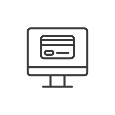 Bilgisayarda kredi kartı, satır dizaynında simge. Kredi kartı, bilgisayar, ödeme, online alışveriş, beyaz arka plan vektörüne dayalı bankacılık. Bilgisayarda düzenlenebilir vuruş simgesinde kredi kartı