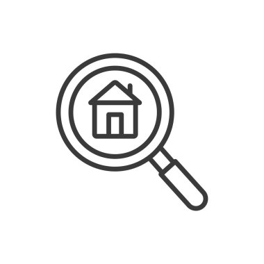 Ev bulma, satır tasarımı ikonu. Arama, ev, ev, mülk, yer değiştirme, taşınma, beyaz arka plan vektörü bulma. Ev bulunması düzenlenebilir vuruş simgesi